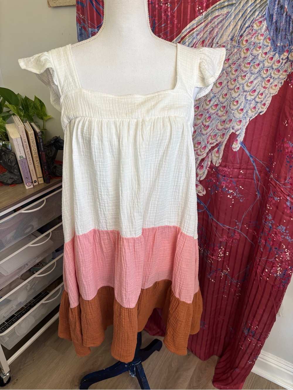 Lush White, Pink & Brown Tiered Cotton Dress